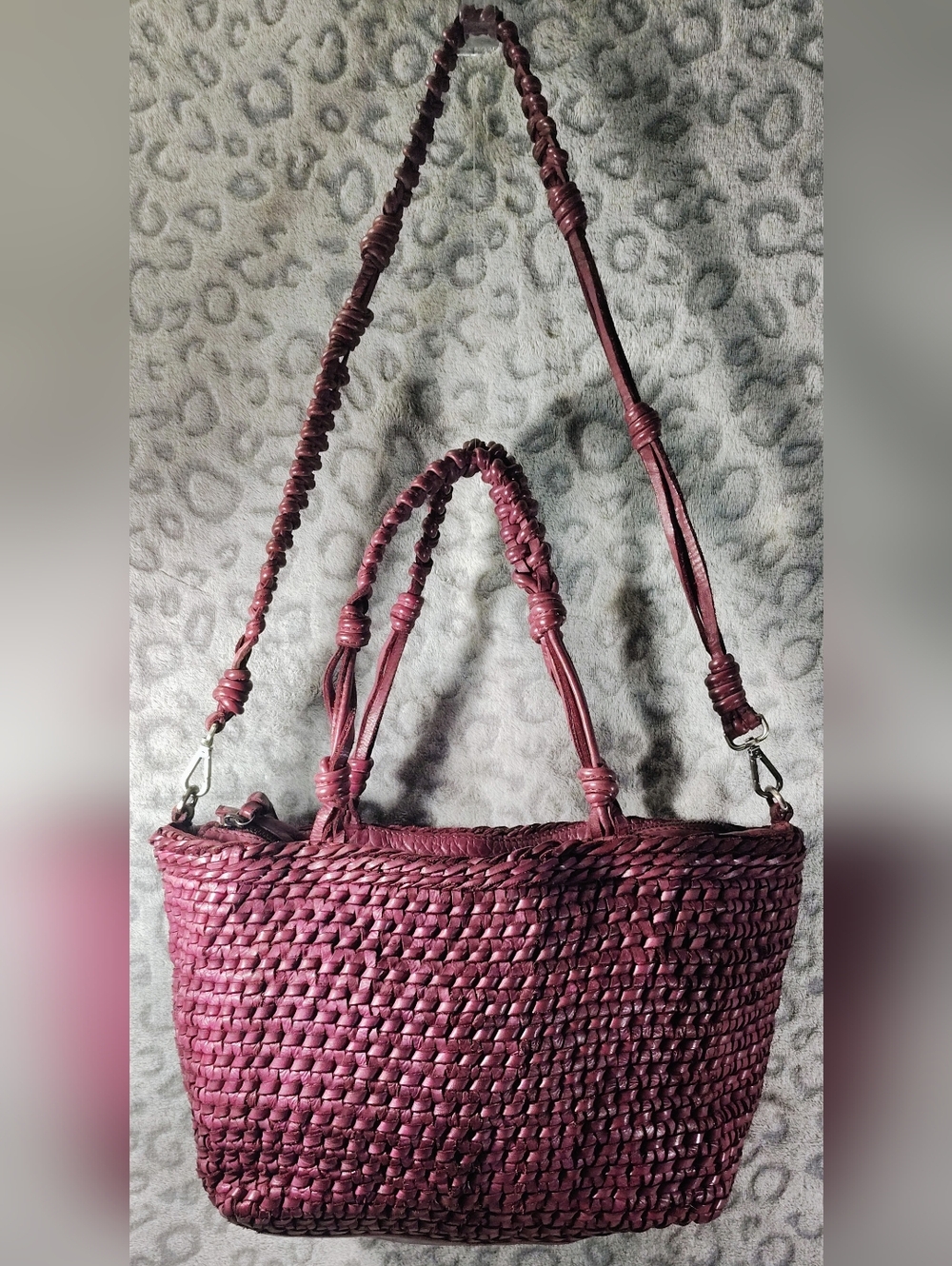 Handcrafted Burgundy Woven Premium Leather Bag Knotted Handle Crossbody EUC